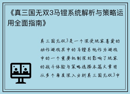 《真三国无双3马镫系统解析与策略运用全面指南》
