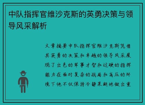 中队指挥官维沙克斯的英勇决策与领导风采解析